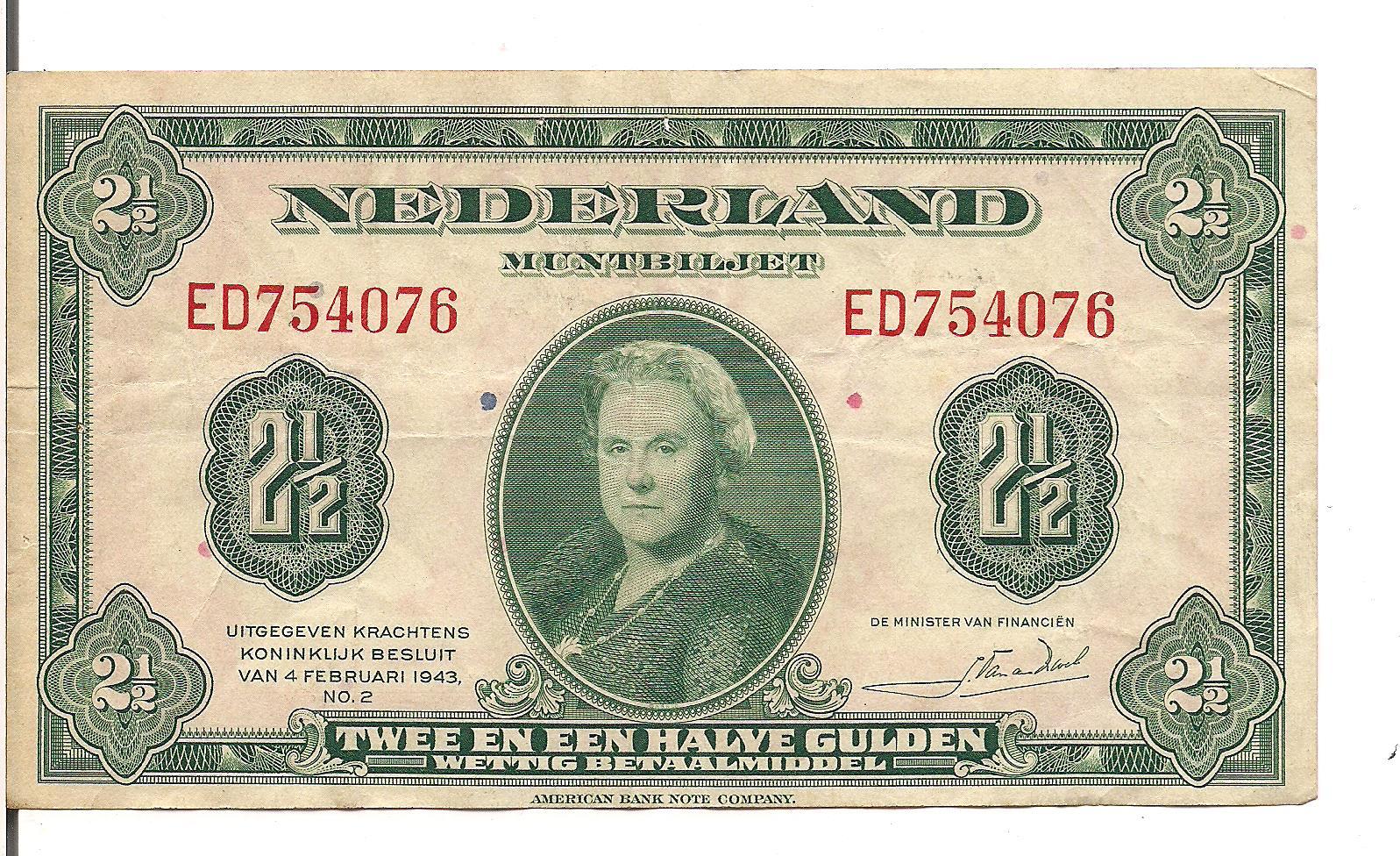 NETHERLANDS, 2 1/2  GULDEN, Qn. Wilhelmina @ ctr, 1943