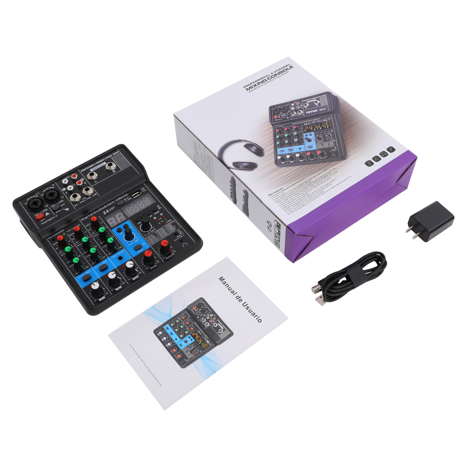 Mini Audio Mixer Bluetooth USB DJ Console 4 Channel Karaoke Live Studio 24 DSP