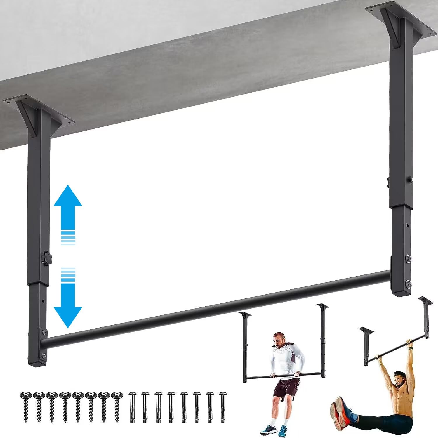 Kipika 48" Ceiling Mount Pull Up Bar - Heavy Duty Steel Chin Up Bar with 4-Le...