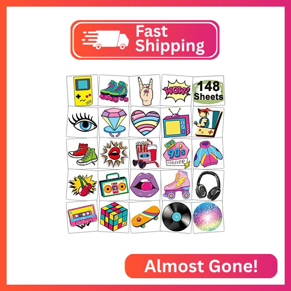 CHARLENT 148 Sheets 80s 90s Theme Temporary Tattoos for Kids