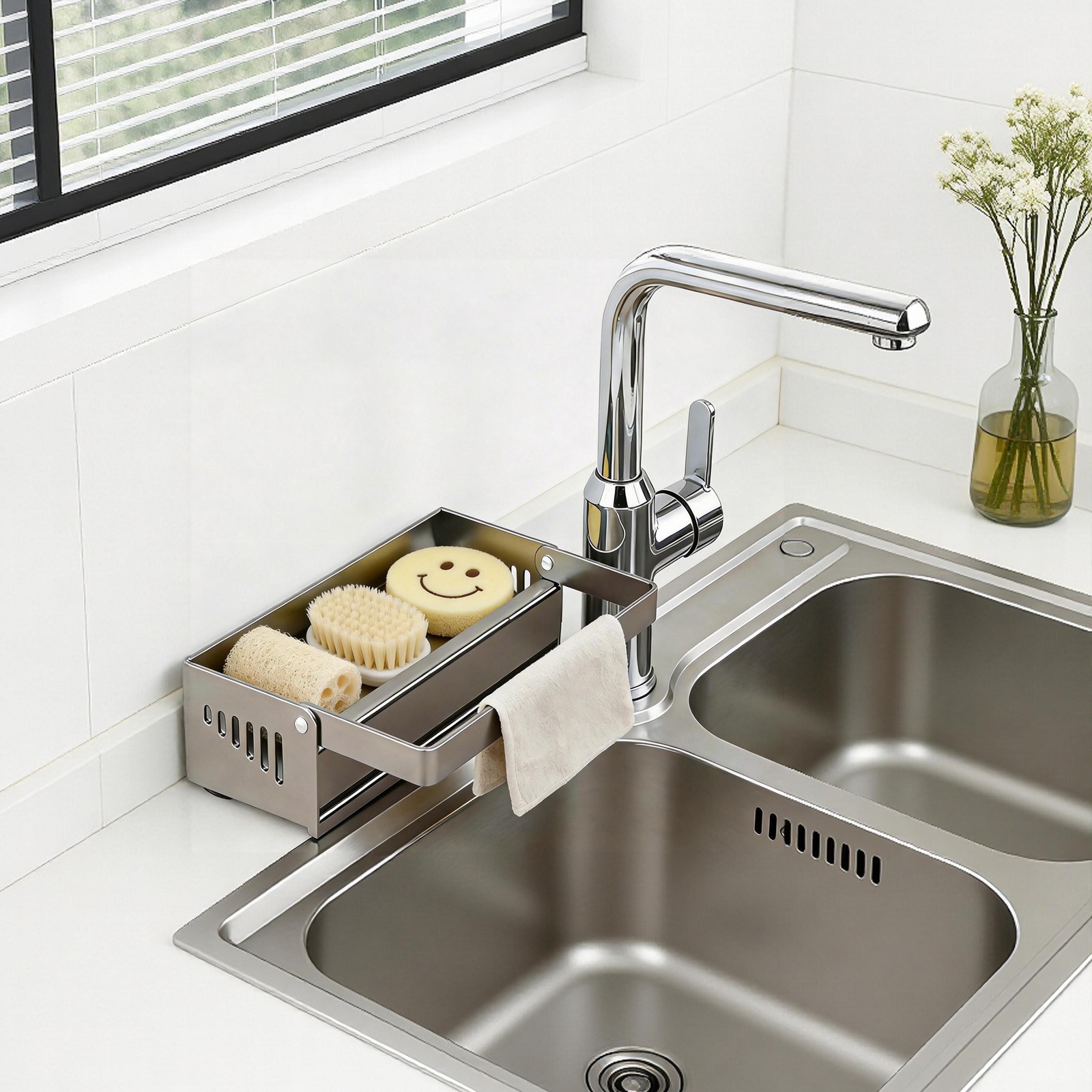 Kitchen Sink Sponge Holder, Kitchen Sink Storage Organizer with Suction Cups