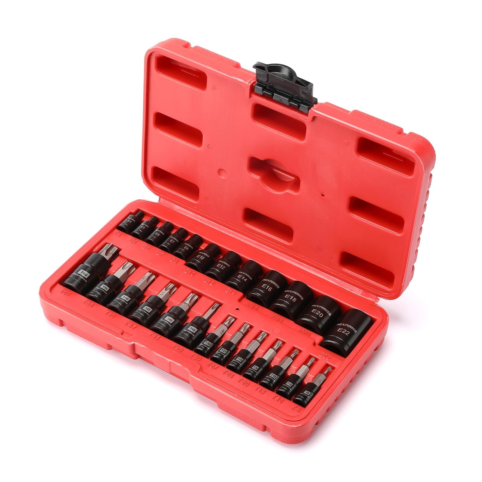MIXPOWER 25 Piece Torx Bit and Socket Set, 13 Star Bits T8-T60,E4-E22(25PCS)