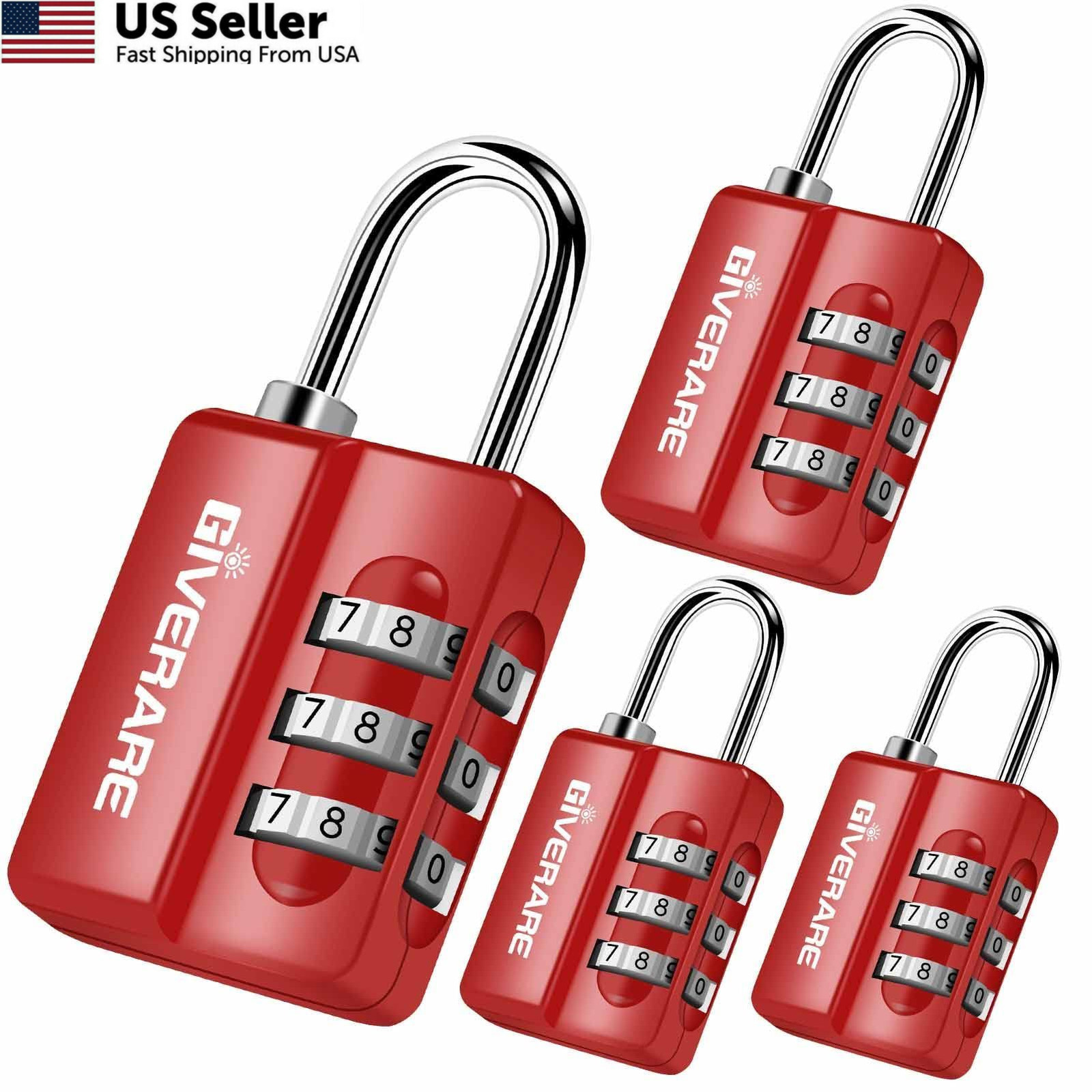 4 Pack Combination Lock 3Digit Keyless Padlock Resettable Gym Locker Travel Red