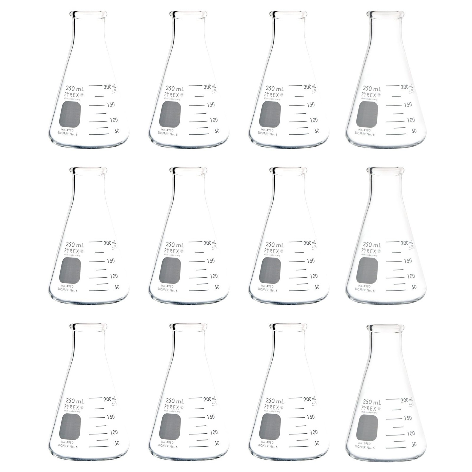 PYREX 250mL Narrow Mouth Erlenmeyer Flasks with Heavy Duty Rim ,12/pk
