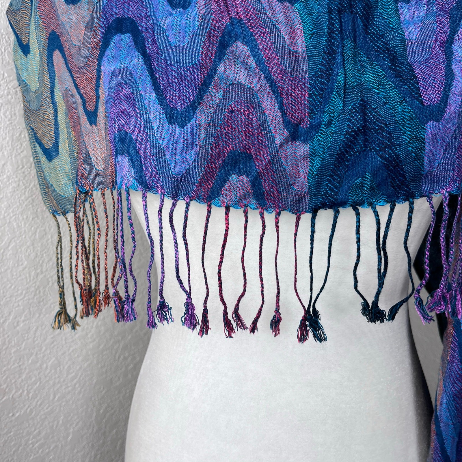Joy Susan Sheer Scarf Colorful Blue Purple Artsy Fringe Boho Wrap Pashmina