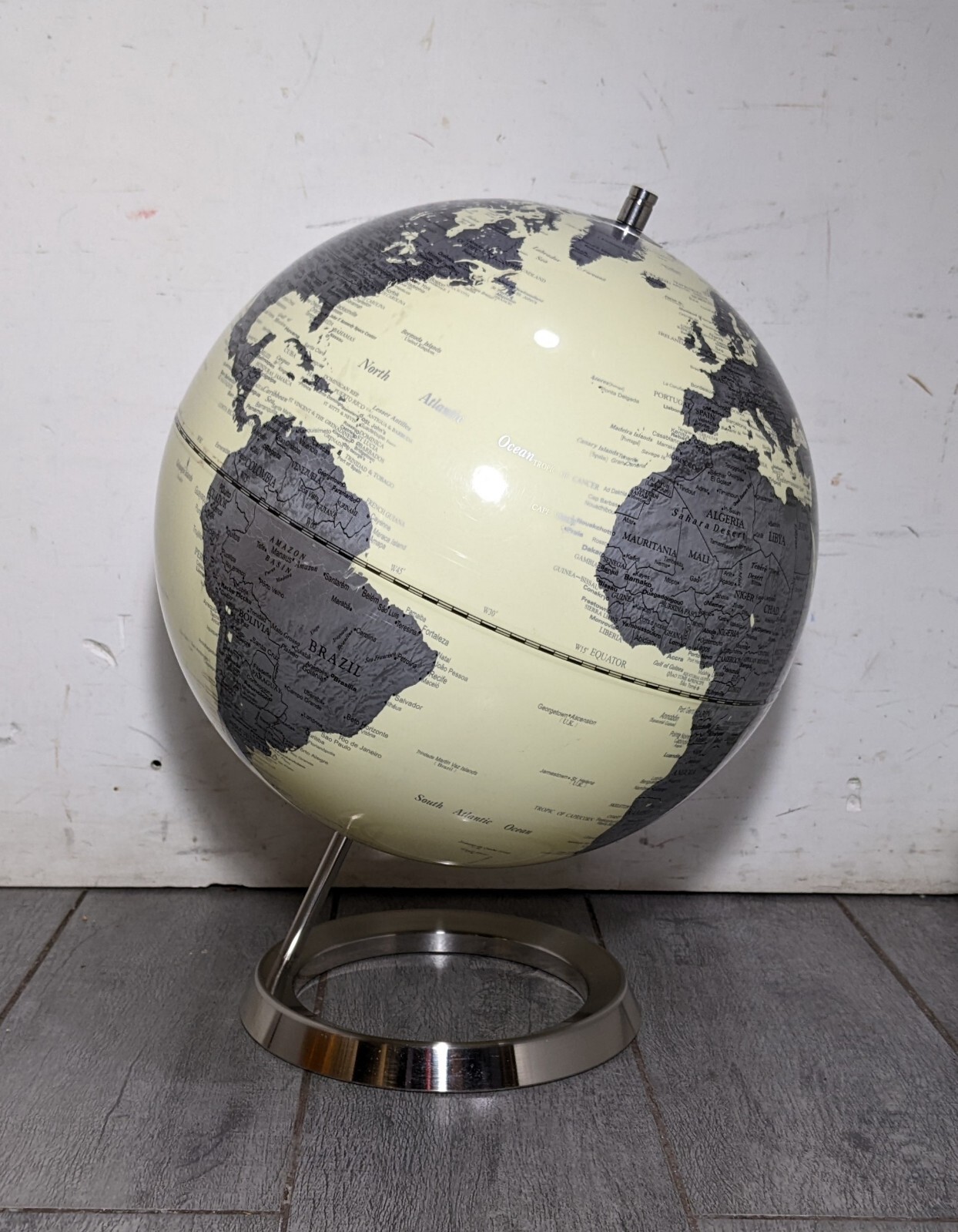 Modernist Desktop/Table 12" World Globe Stainless Steel Chrome Ring Base MCM