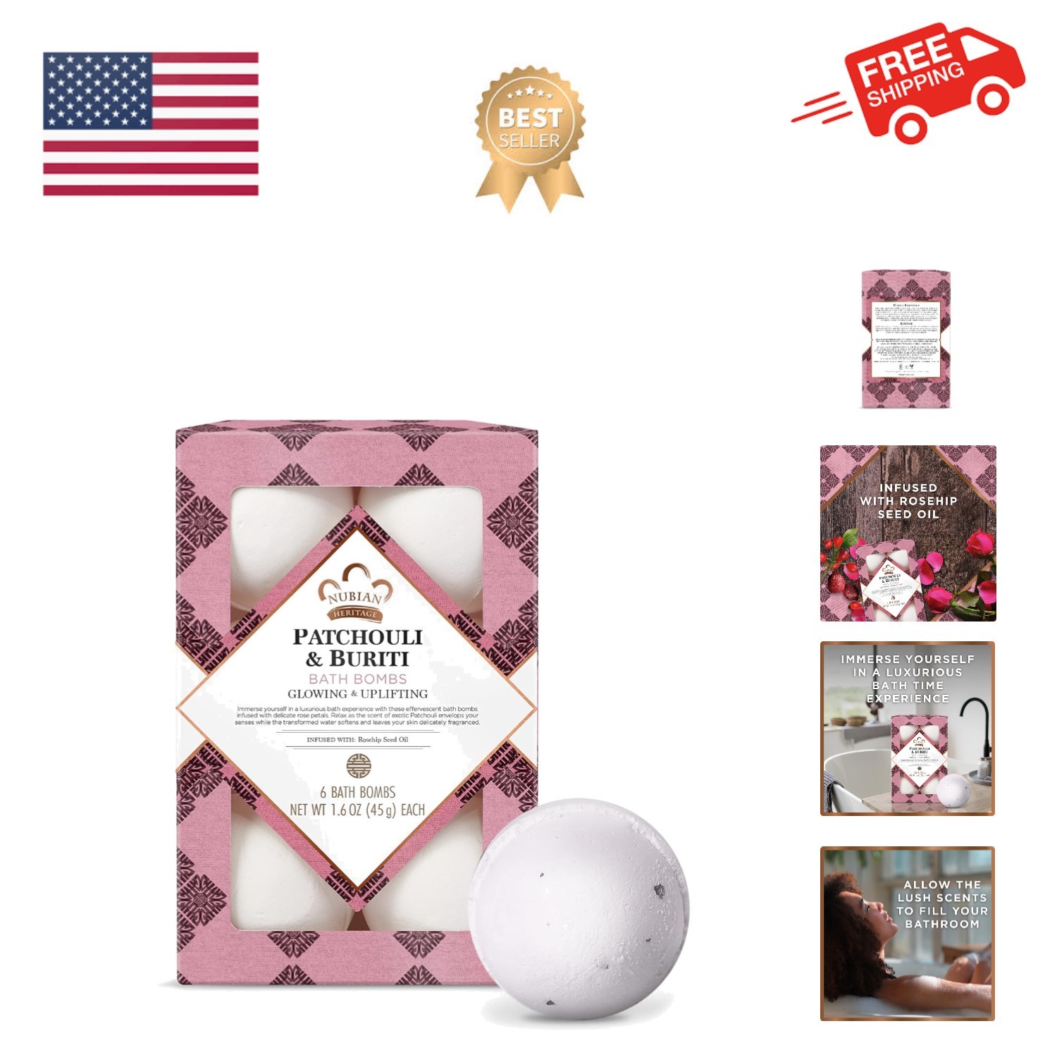 Bath Bombs Patchouli and Buriti Uplifting Bath and Body Products 1.6 oz 6 Cou...
