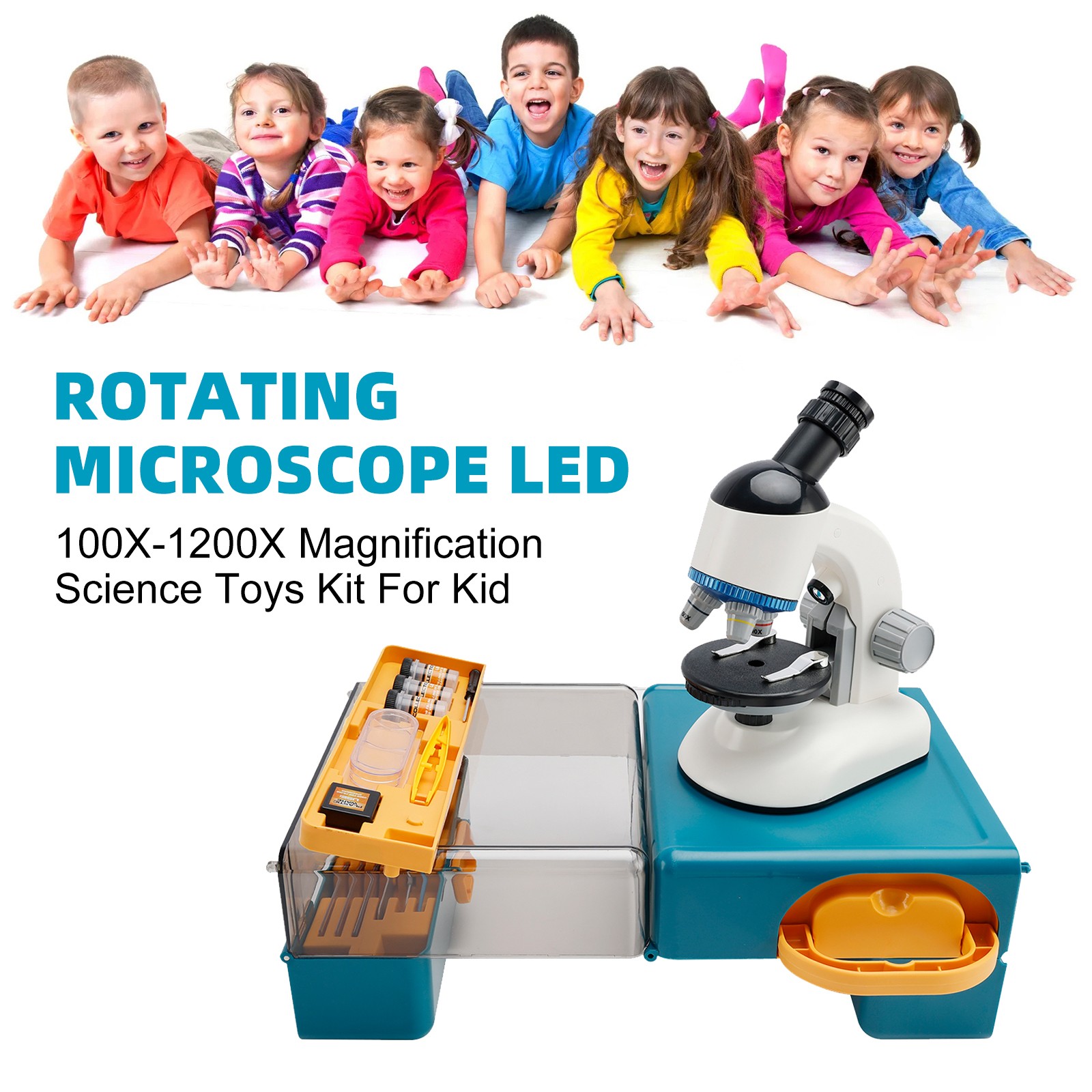 ✨Rotating Microscope LED 100X-1200X Magnification Science Toys Kit For Kid White