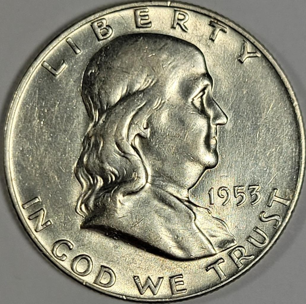 1953-D Silver Benjamin Franklin Half Dollar - ** BU ** Bright & Beautiful Coin.