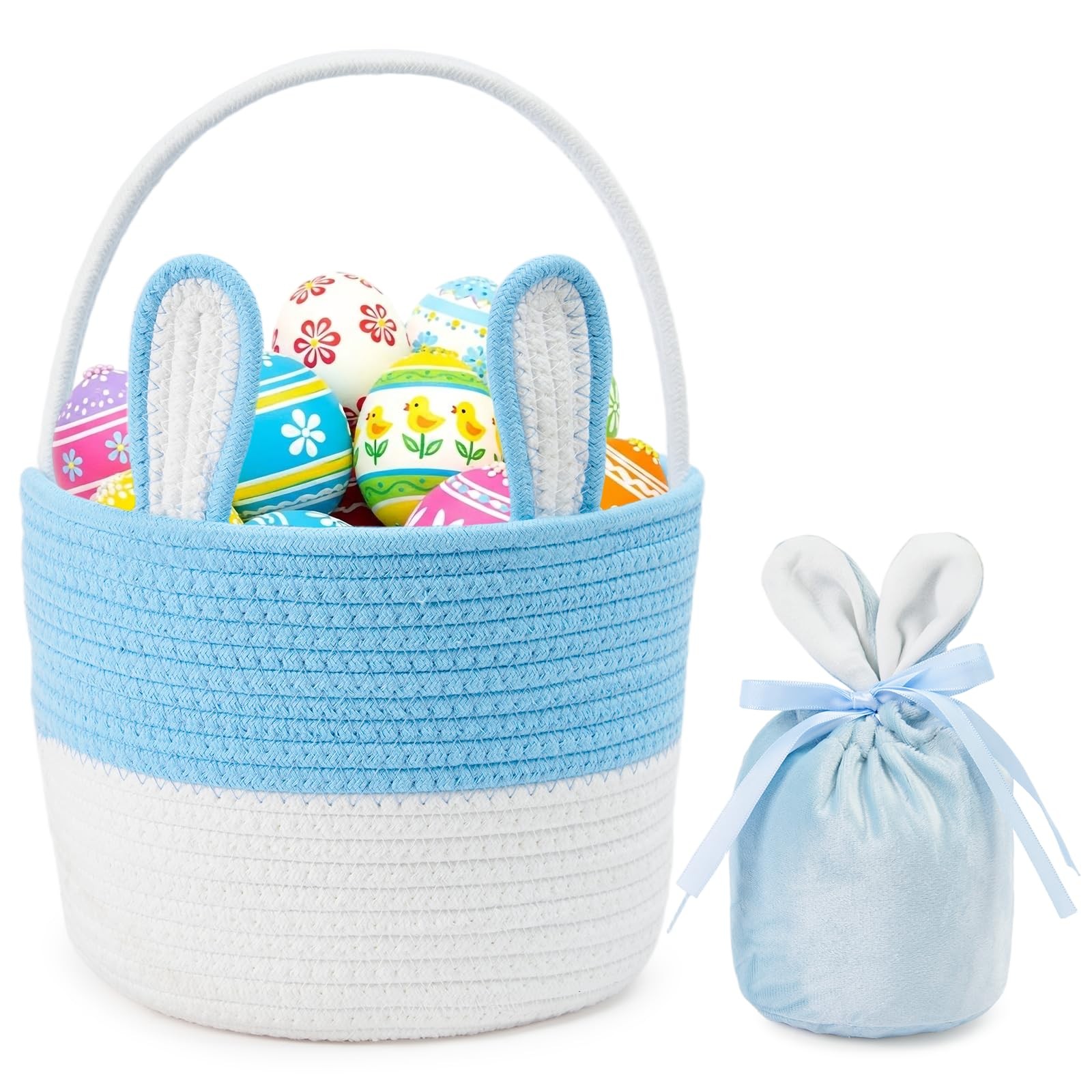 Blue White Cotton Rope Easter Bunny Basket Empty With Handle Velvet Drawstring