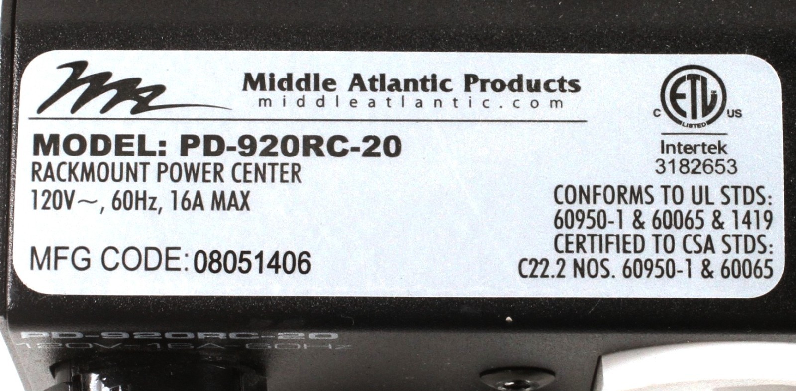 Middle Atlantic PD-920RC-20 20A 9-Outlet Power Strip; 6171384