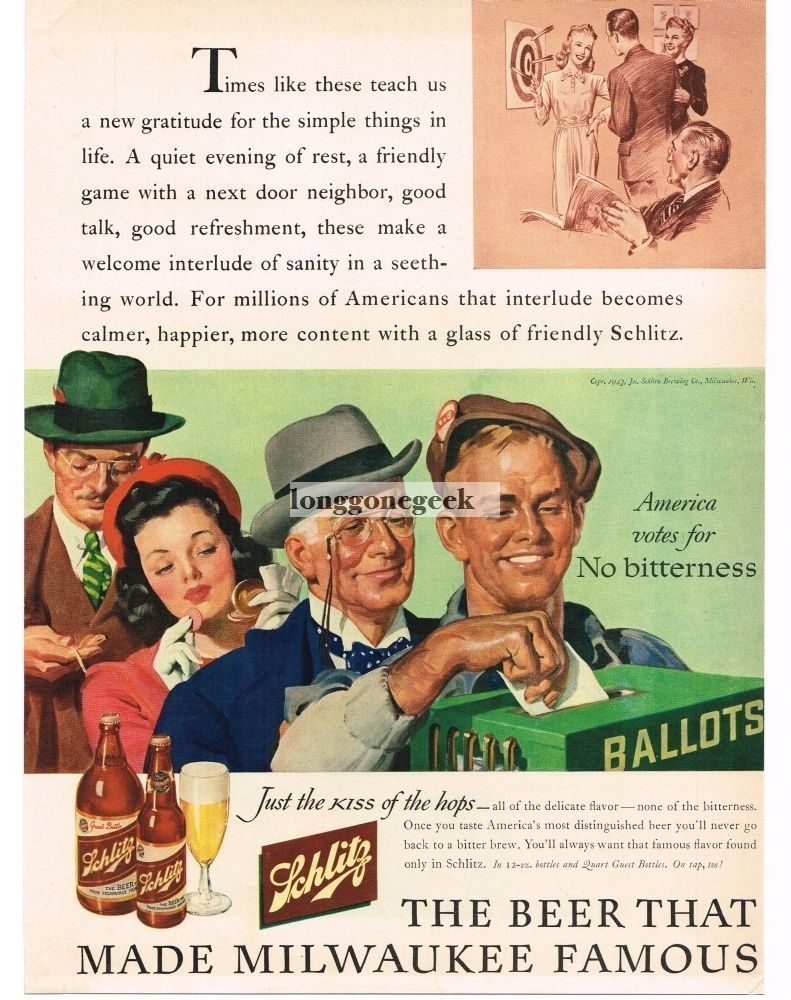 1943 Schlitz Beer People Voting art Vintage Print Ad