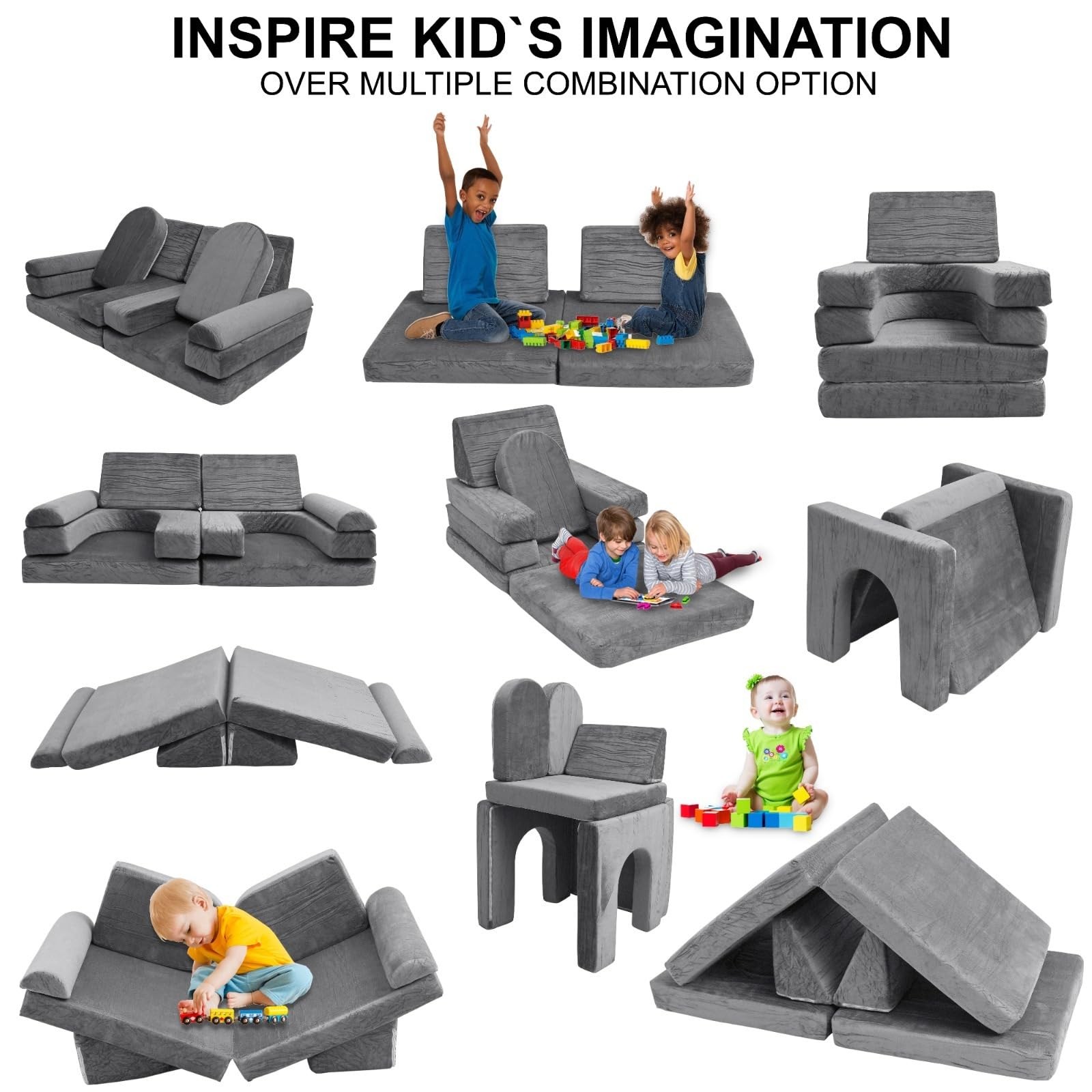 10 PCS Modular Play Couch with 6 Inflatable Balls – Convertible Foam and Floo...