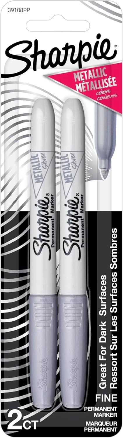 2 Count Silver Metallic Permanent Markers - Fine Point, Ideal for Dark Surfaces