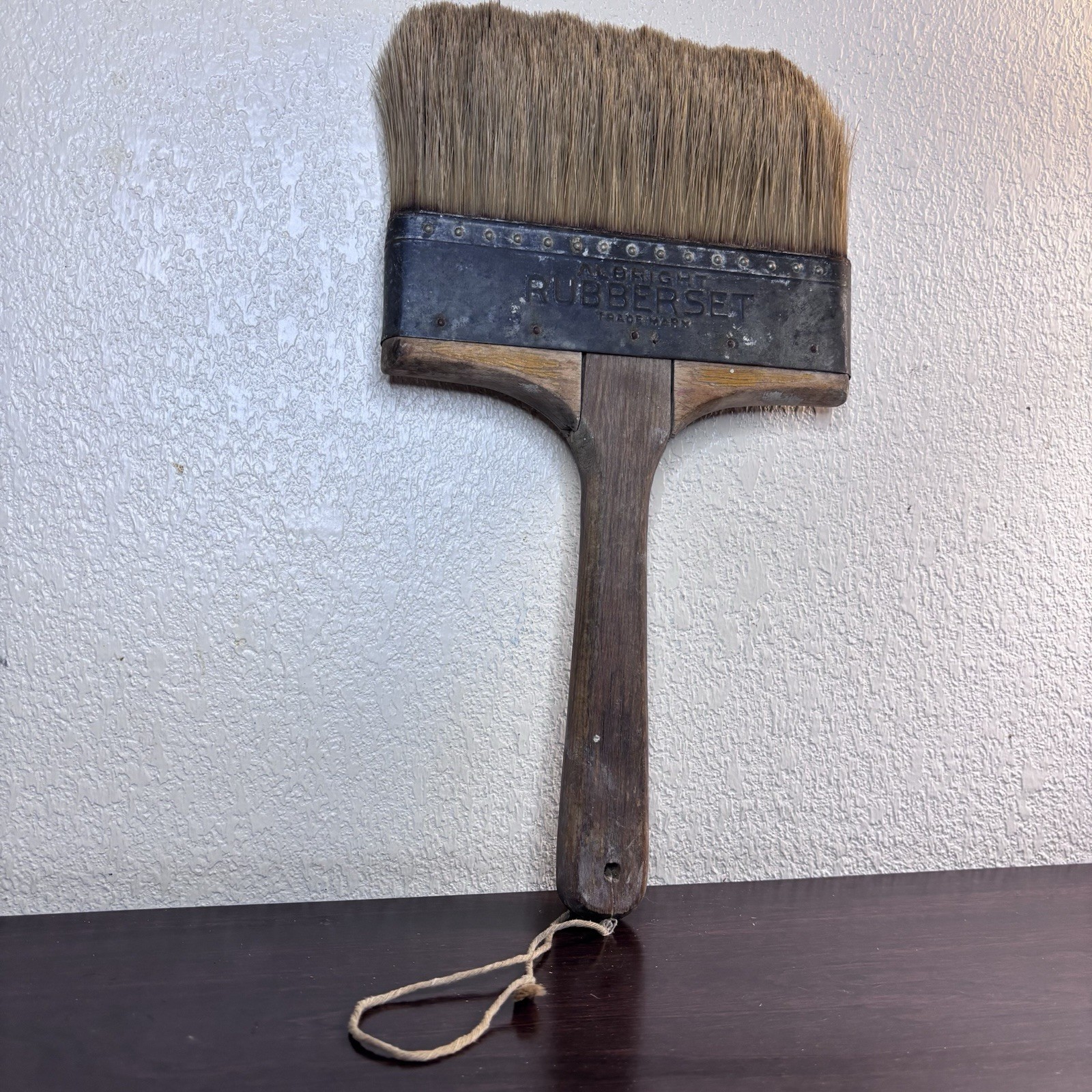 Vintage Albright Rubberset 7.5” Wide Wooden Handle Paint Brush Natural Bristles