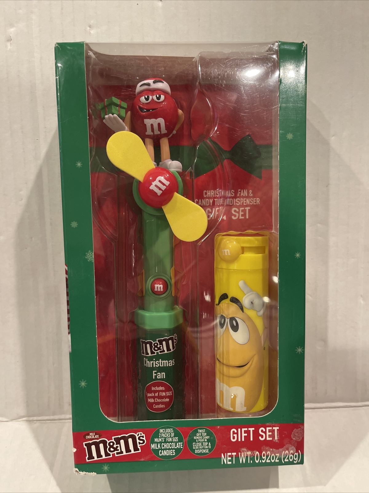 M & M's Green Fan & Yellow Tube Dispenser  Set * Brand New * No Candy Included *