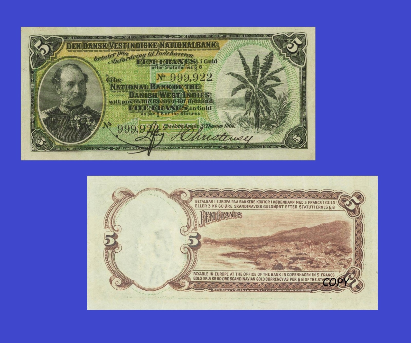 Danish West Indies 5 Francs 1905   - Copy