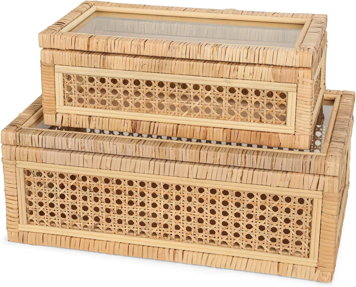 Large Handwoven Boho Rattan Display Boxes with Glass Lids - Set of 2 Rectangular
