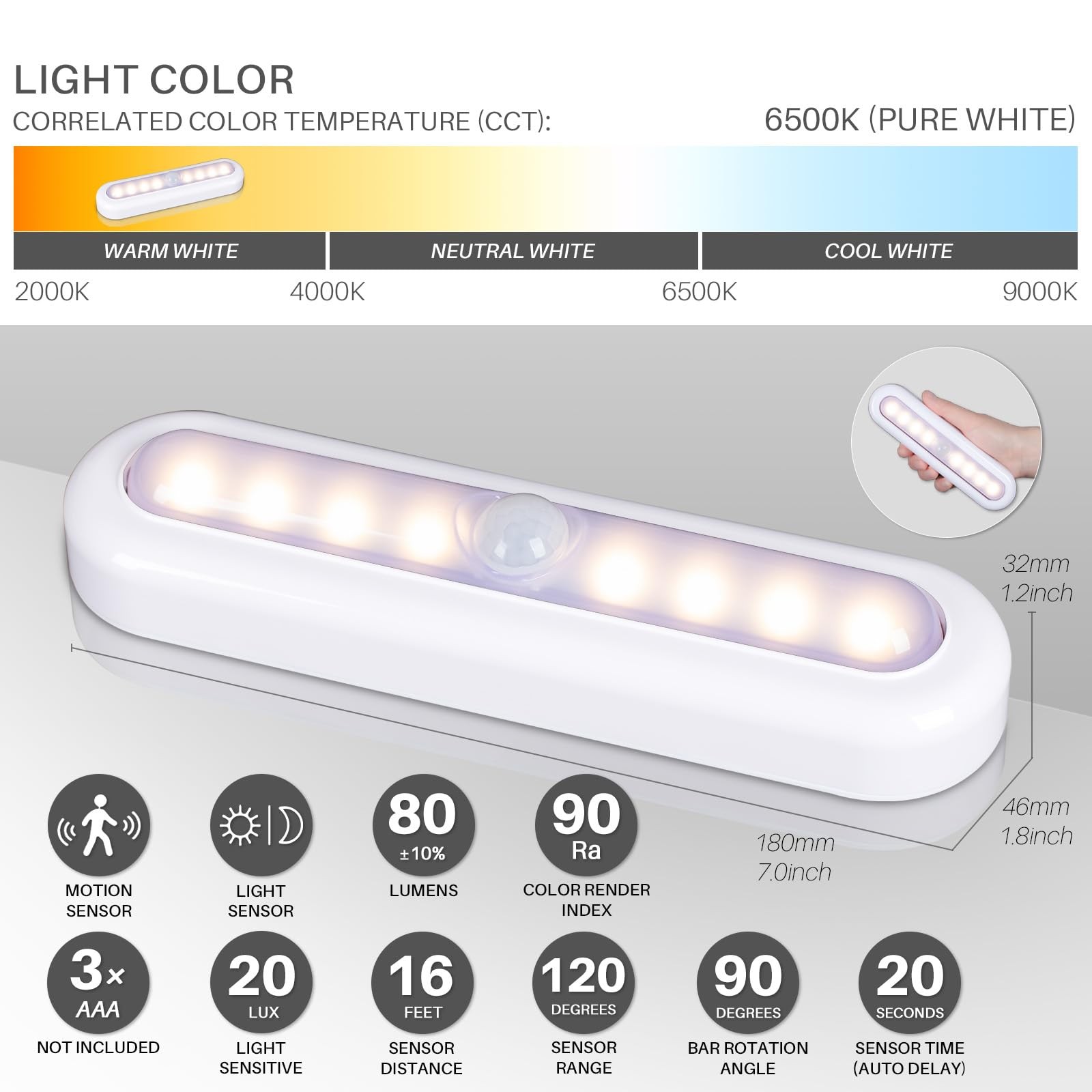 STAR-SPANGLED 3 Pack 7” Motion Sensor Lights Indoor Battery Operated, Stick o...