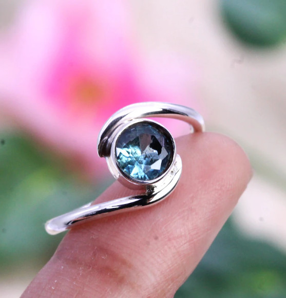 925 Sterling Silver Blue Topaz Ring Handmade Bohemian Dainty Ring All Size SR165