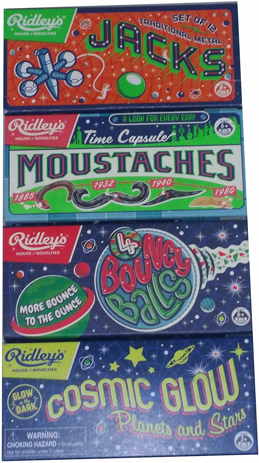 Lot 4 Ridley's Games Jacks, Moustaches, Bouncy Balls & Cosmic Glow Old Time Toys