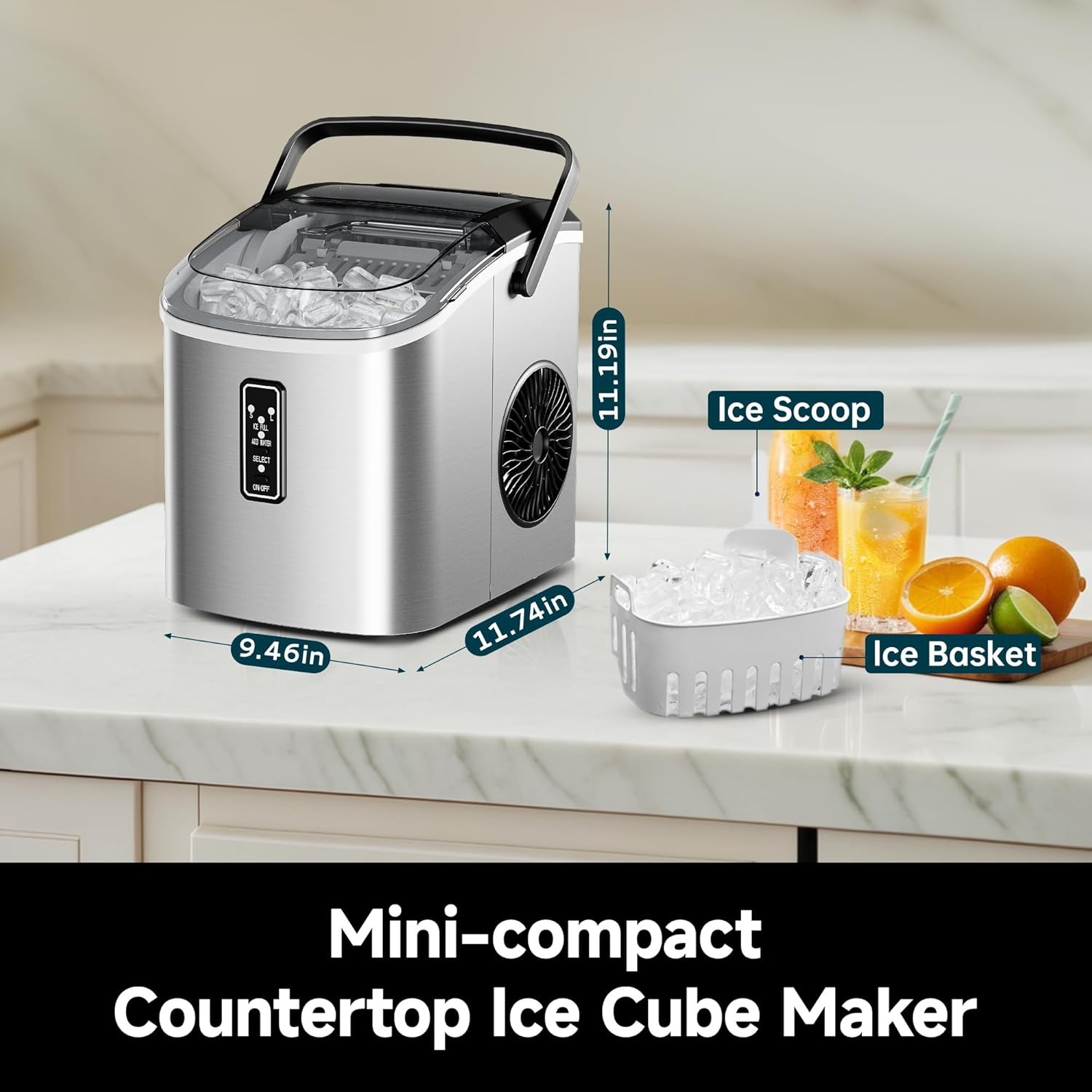 EUHOMY Ice Maker Countertop, 9 Cubes Ready in 6 Mins, 26lbs/24H, Silver