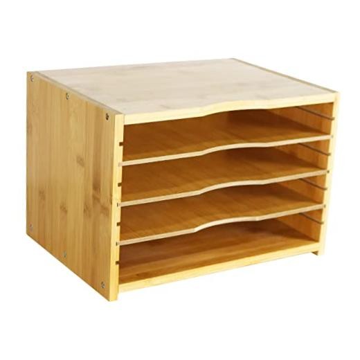 WKWKER File Organizer with 3 Adjustable Shelves Bamboo Document Letter Tray