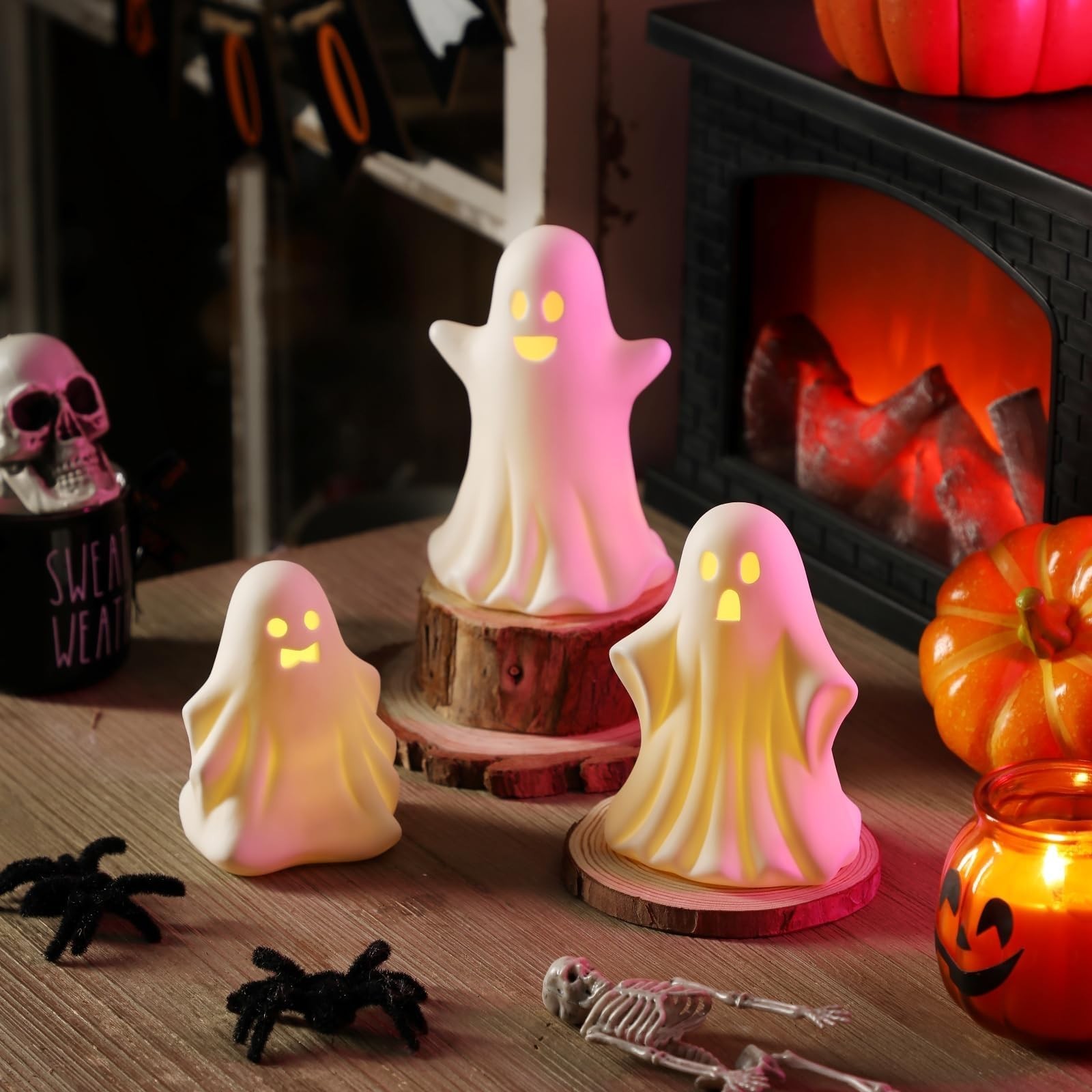 Halloween Ghost Decorations - 3 Pcs Gothic Ceramic Ghost Light Up Decor, Whit...