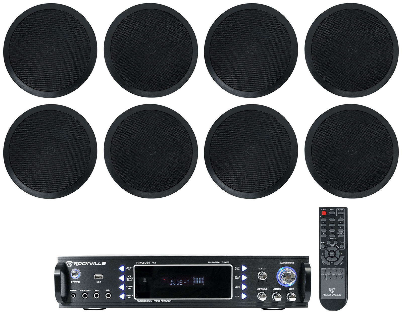 Rockville RPA60BT Home Theater Receiver Amplifier+(8) 8" Black Ceiling Speakers