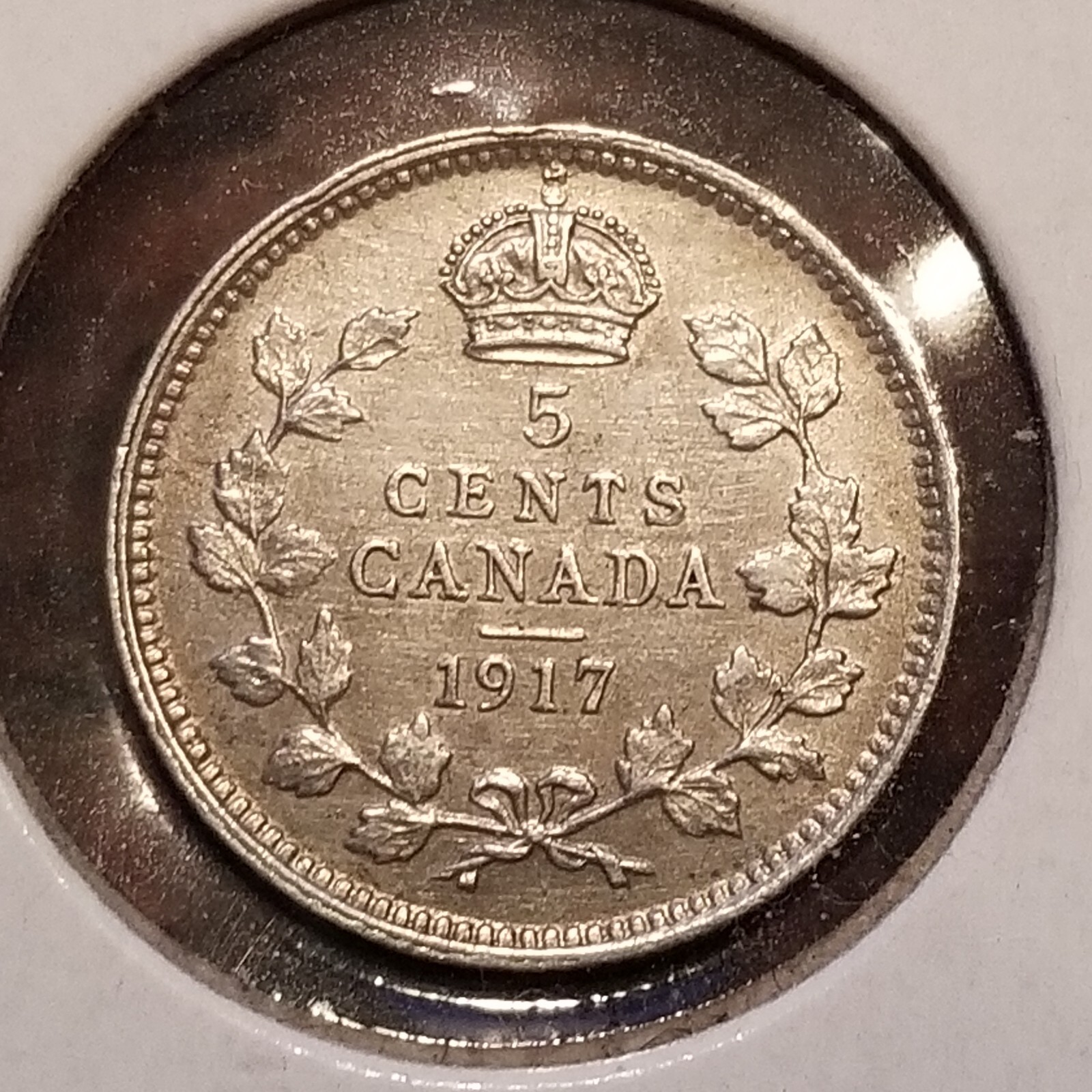 1917 CANADA 5 CENTS COIN - WW1 ERA - HIGH GRADE - .925 SILVER - #A8487