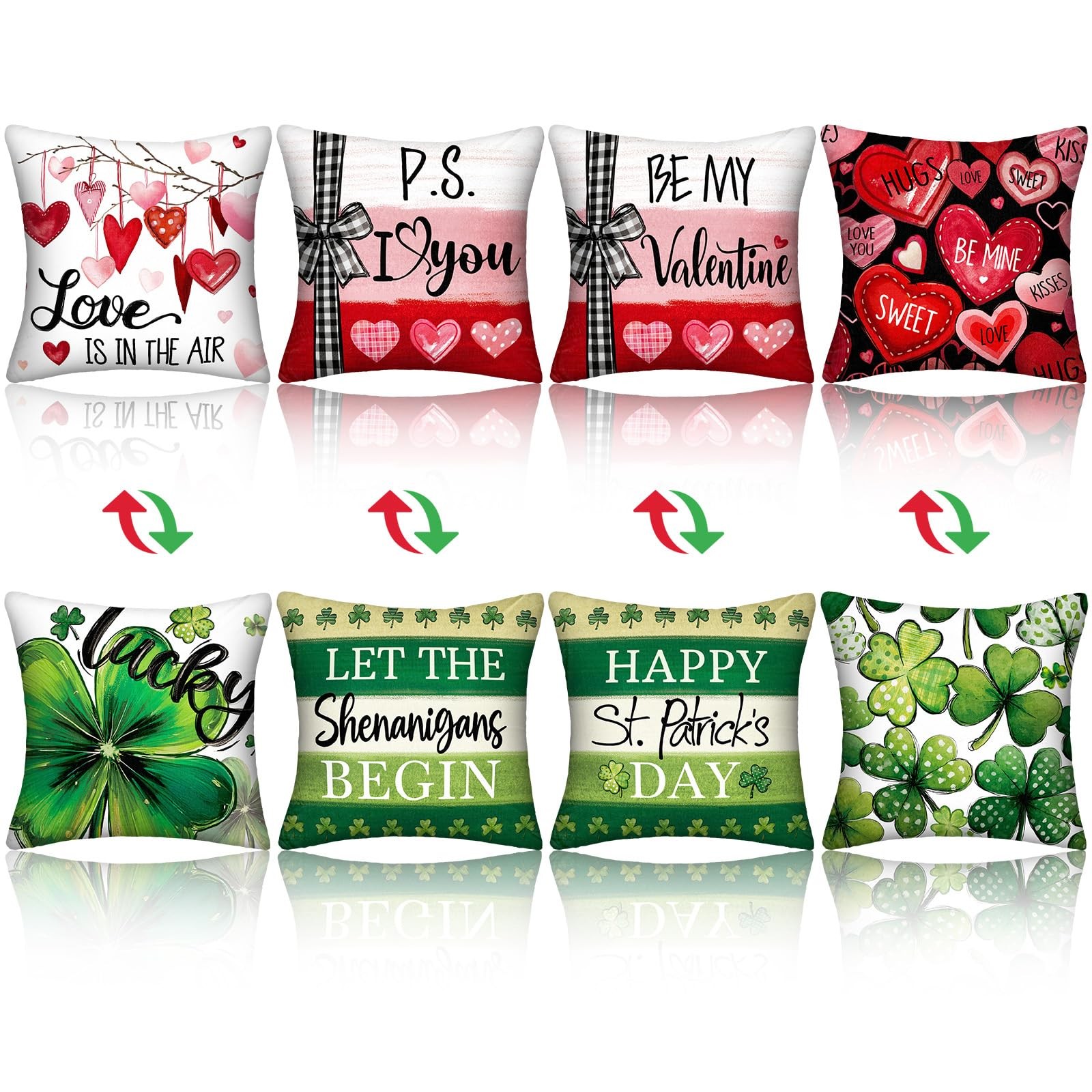 4 Pcs Double Sided Valentines Day St Patricks Pillow Covers 18 x 18 Inch Hear...