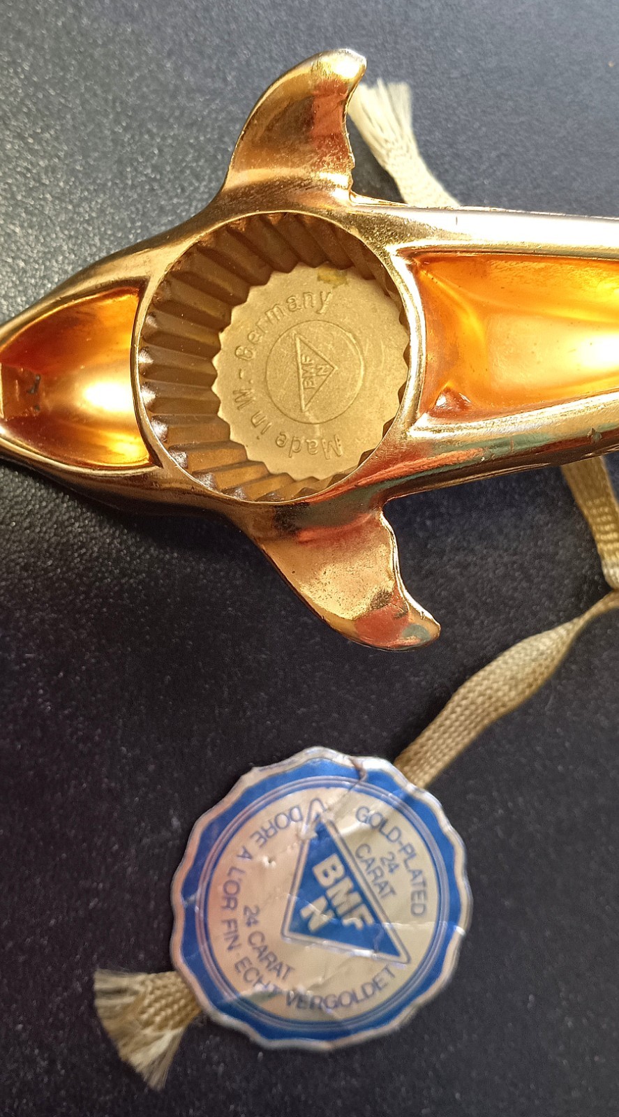 Vintage Bottle Opener 24k Gold Plated Dolphin BMF - West Germany - Label