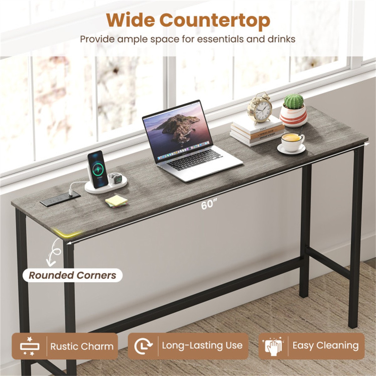 4 Piece Counter Height Bar Table Set with USB Ports Gray Pub Table with 3 Stools