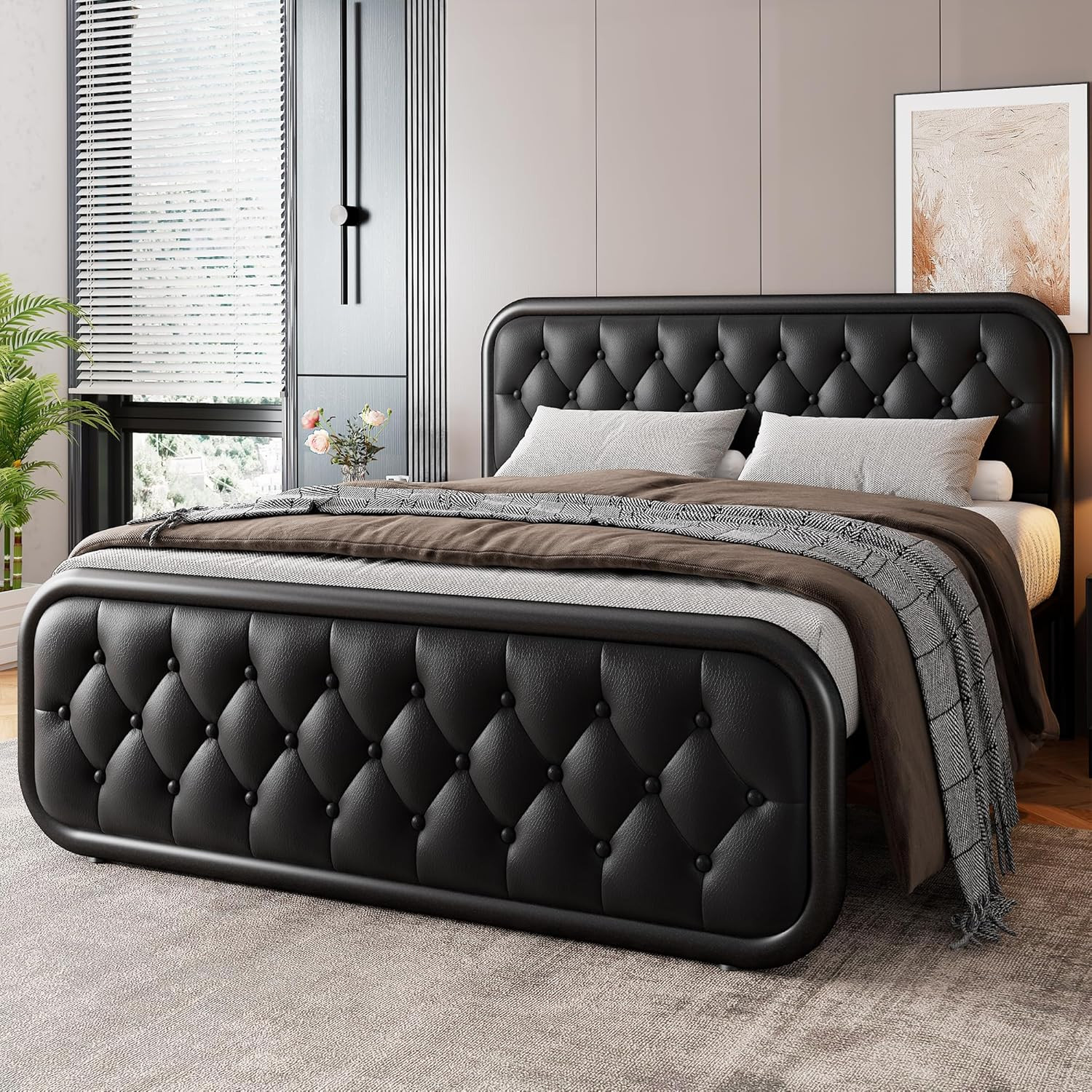 Galnfu Queen Metal Bed Frame, Upholstered Bed with Leather Button-Tufted Headboa