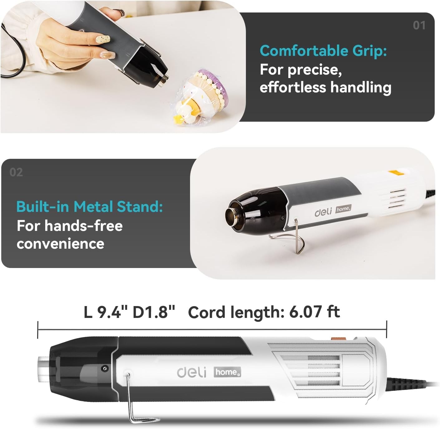 DELI Mini Heat Gun, 350W Dual Temp 500℉/842℉ (260℃/450℃) with Reflector & Extra