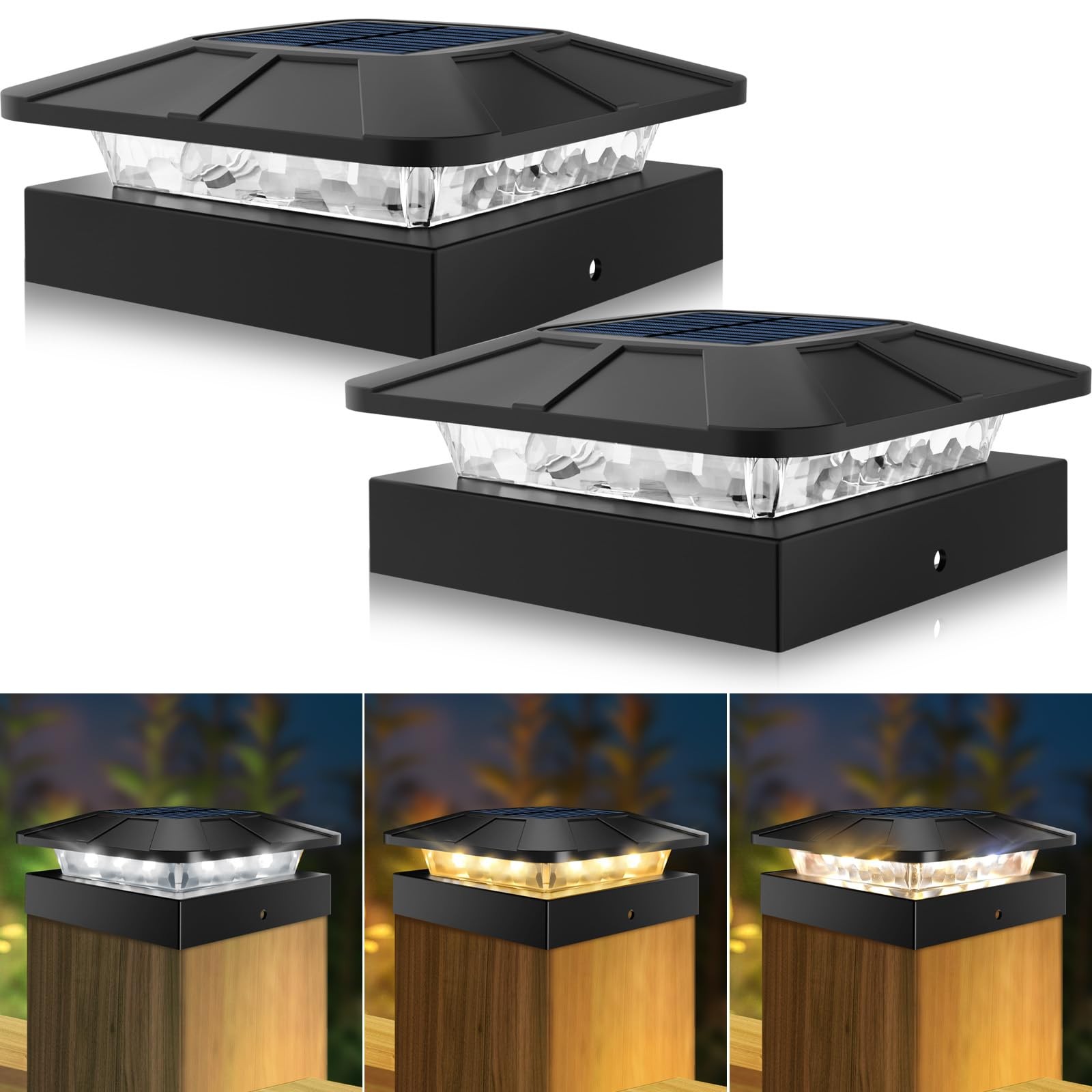 Peasur 4X4 Solar Post Cap Lights Outdoor 3 Lighting Modes 2 Packs Led Post