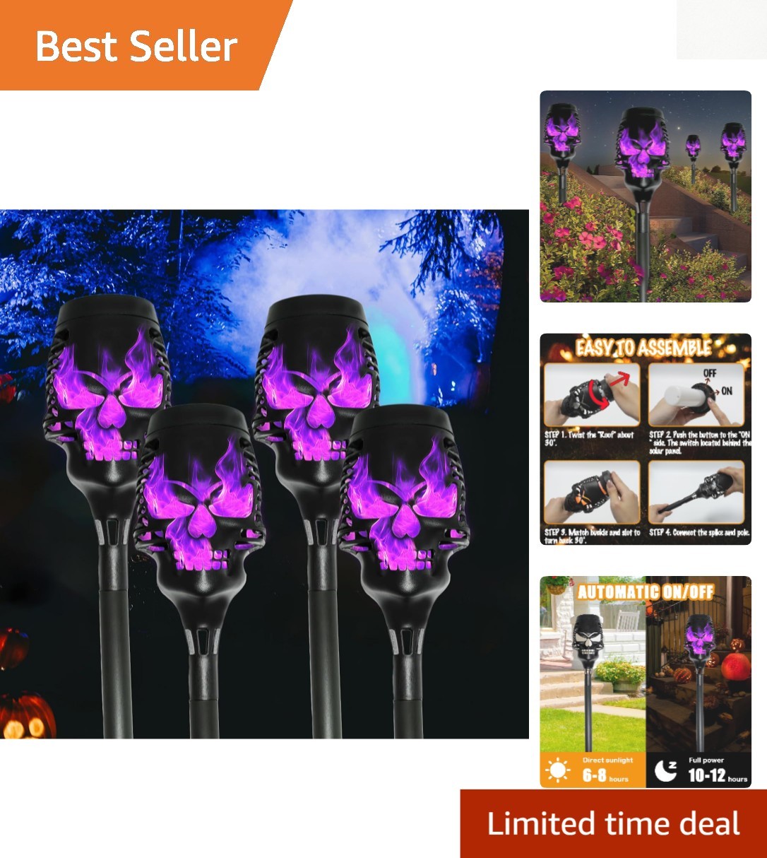 Durable 4-Piece Solar Skull Stake Lights - Waterproof Halloween Garden Décor