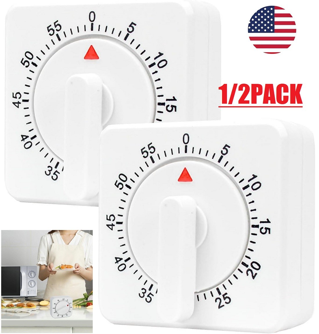 2× Square 60 Minute Mechanical Kitchen Timer Visual Kitchen Cooking Timer Clock