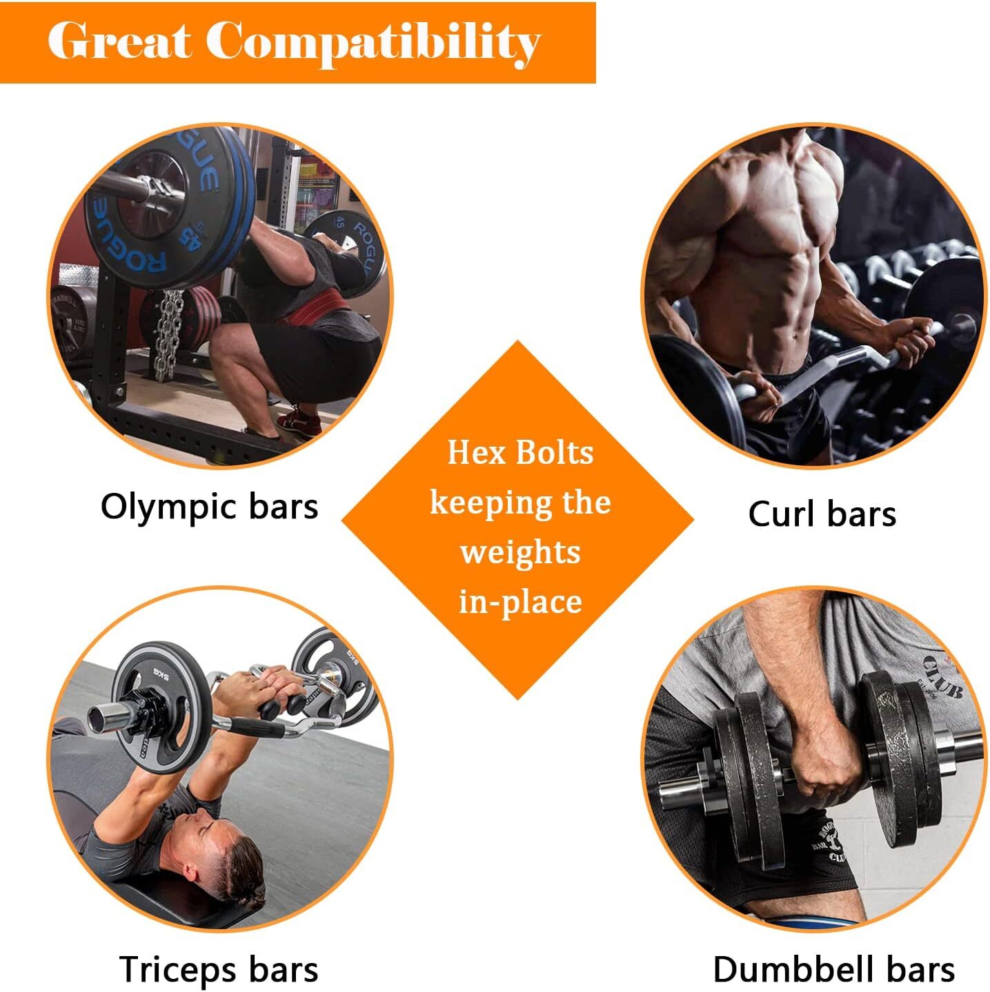 2-Pack Hex Bolts Perfect for Olympic Bars, Curl Bars, Tricep Bars, Dumbbell Bars