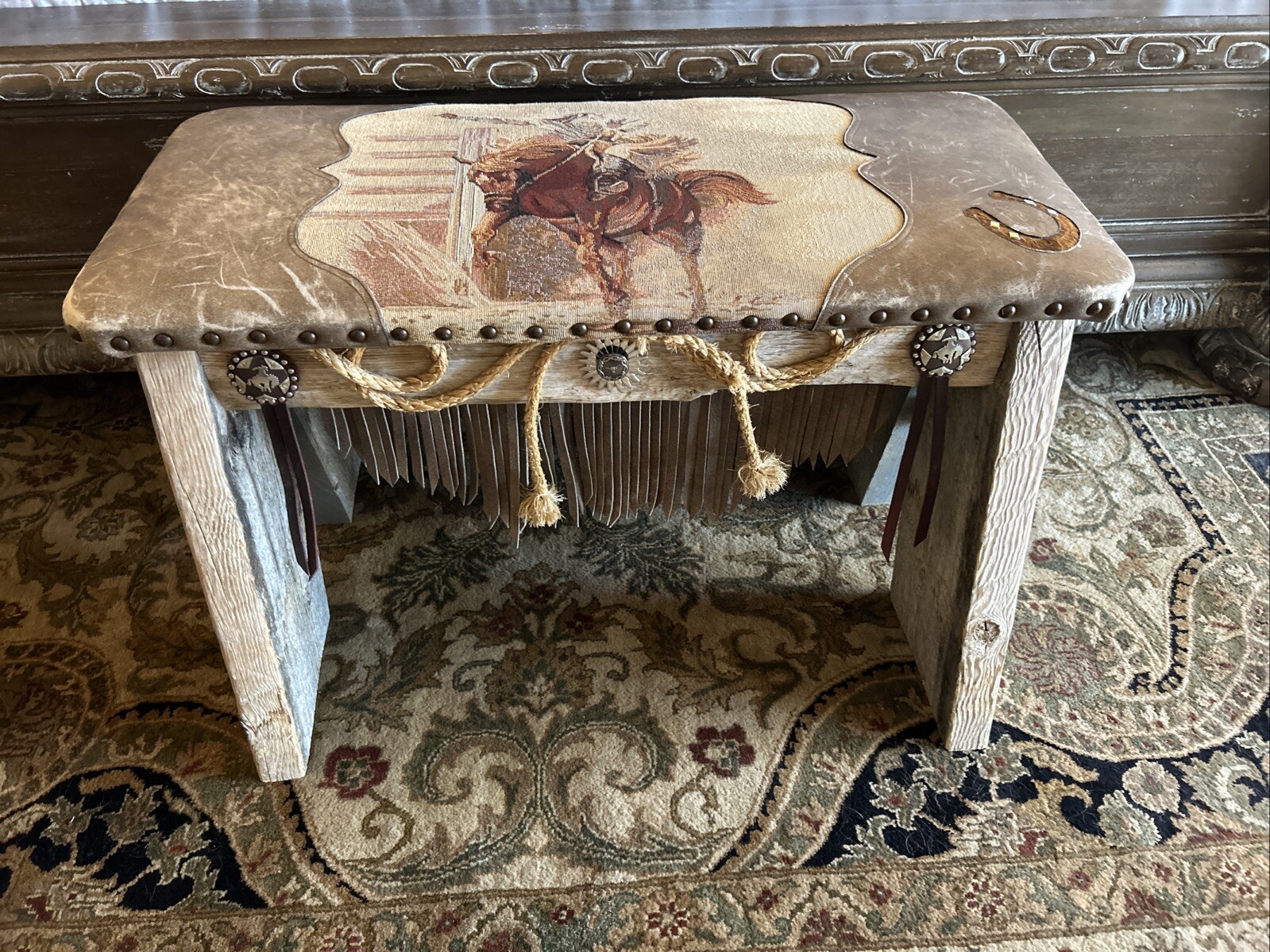 Custom Western-Style Bench Upholstered In Leather/ Tapestry Cowboy Horseshoes