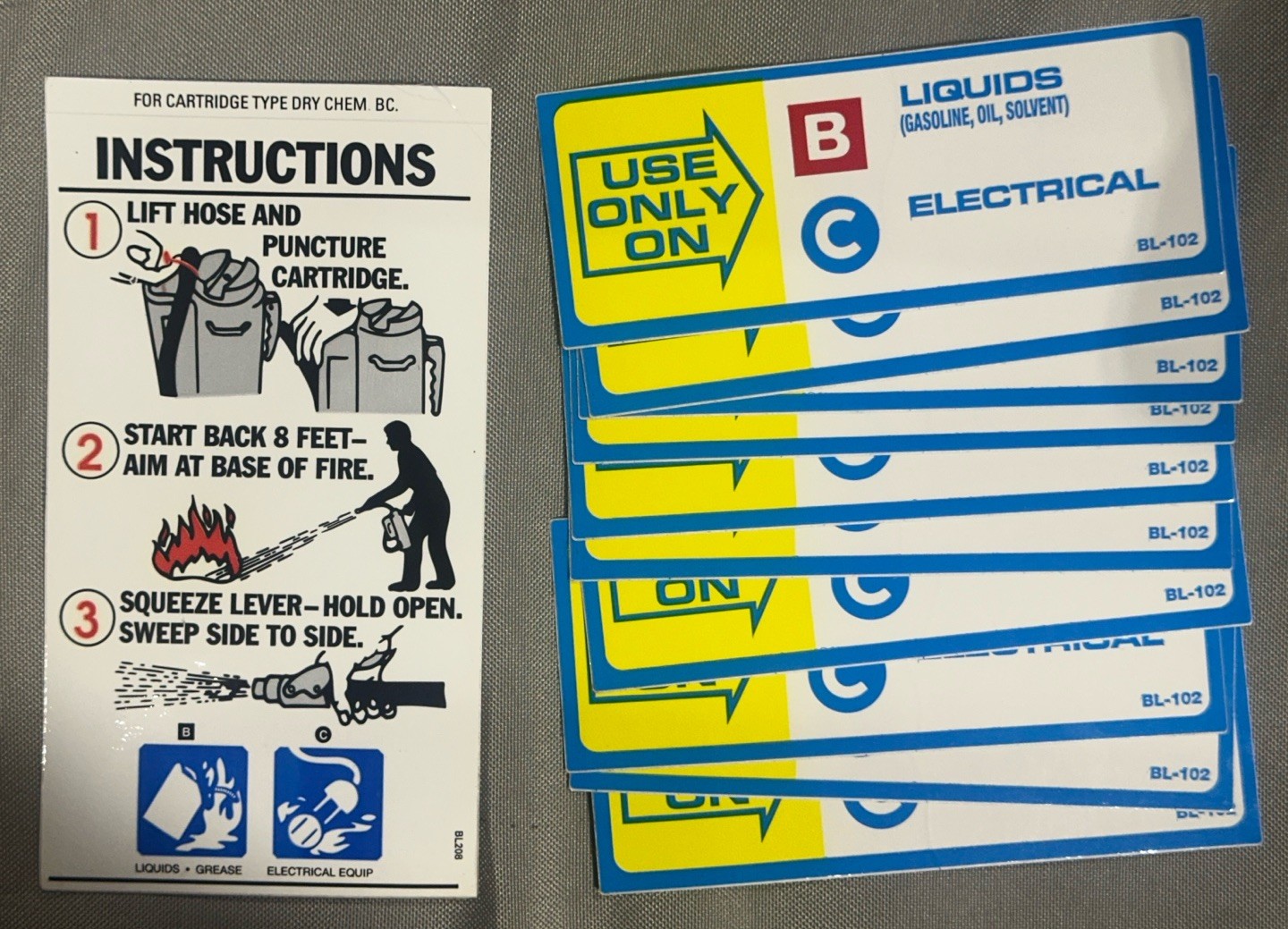 NOS Lot Of Fire Extinguisher Labels. 10 - BL102 & 1 - BL208