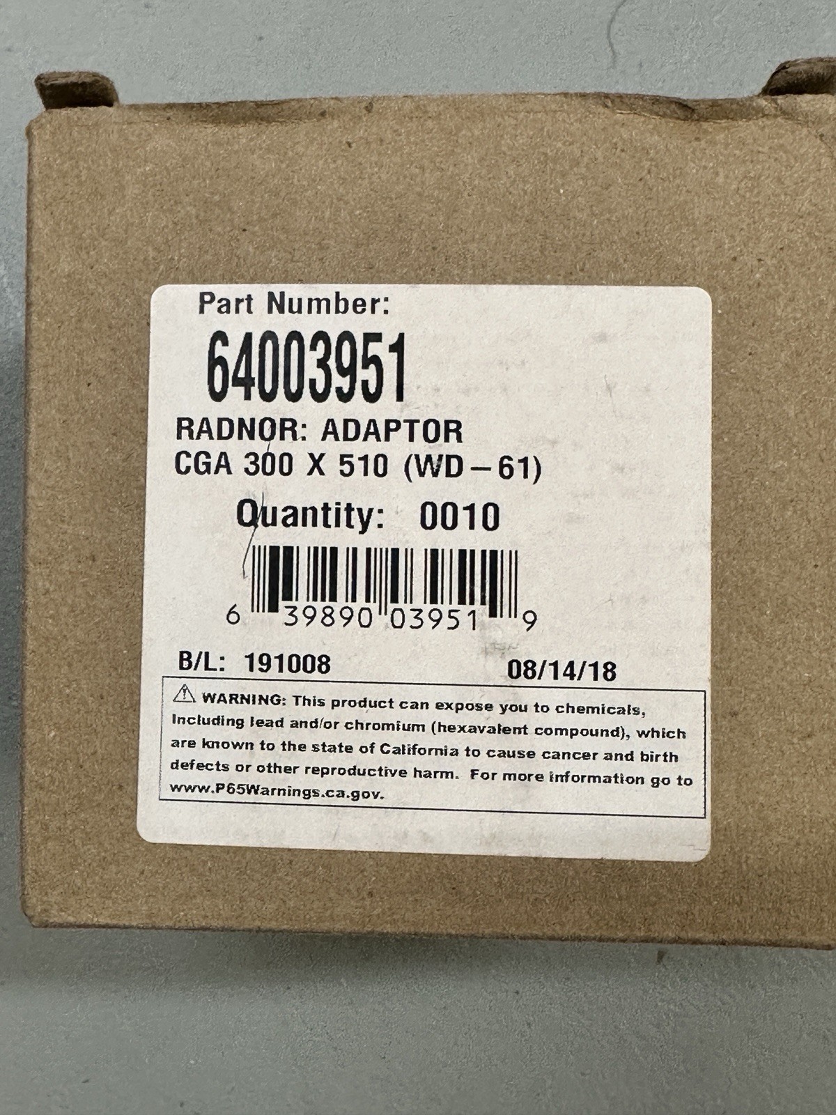 10x Radnor 64003951 Adaptor 300 x 510 WD-61 Brass Acetylene Cylinder NEW