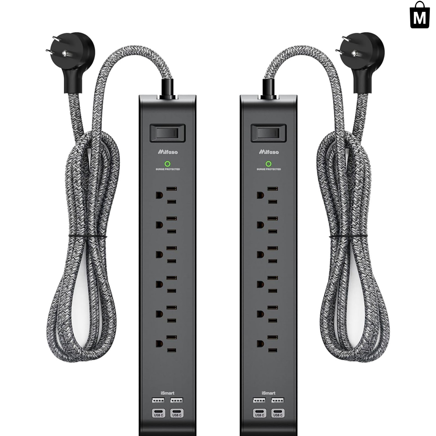 Space-Saving 2-Pack Surge Protector Power Strip | 5ft with 4 USB Charging Ports