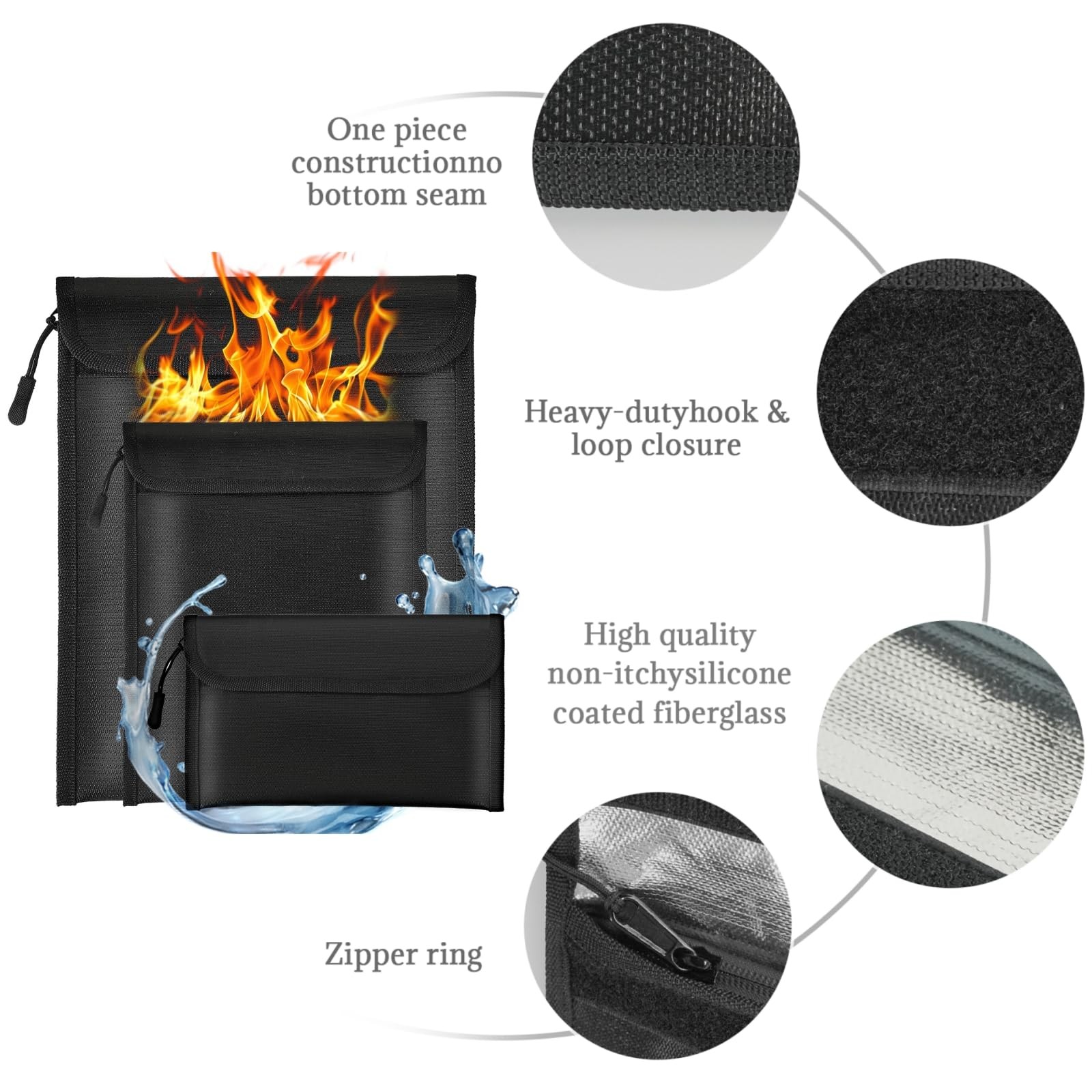 Fireproof Waterproof Document Bags Zipper Pouches Set of 3