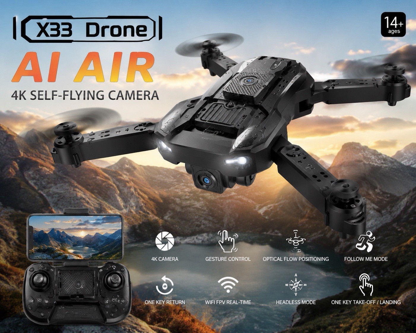 AI AIR X33 4K Camera Drone Obstacle Avoidance Gesture Control Wi-Fi FPV
