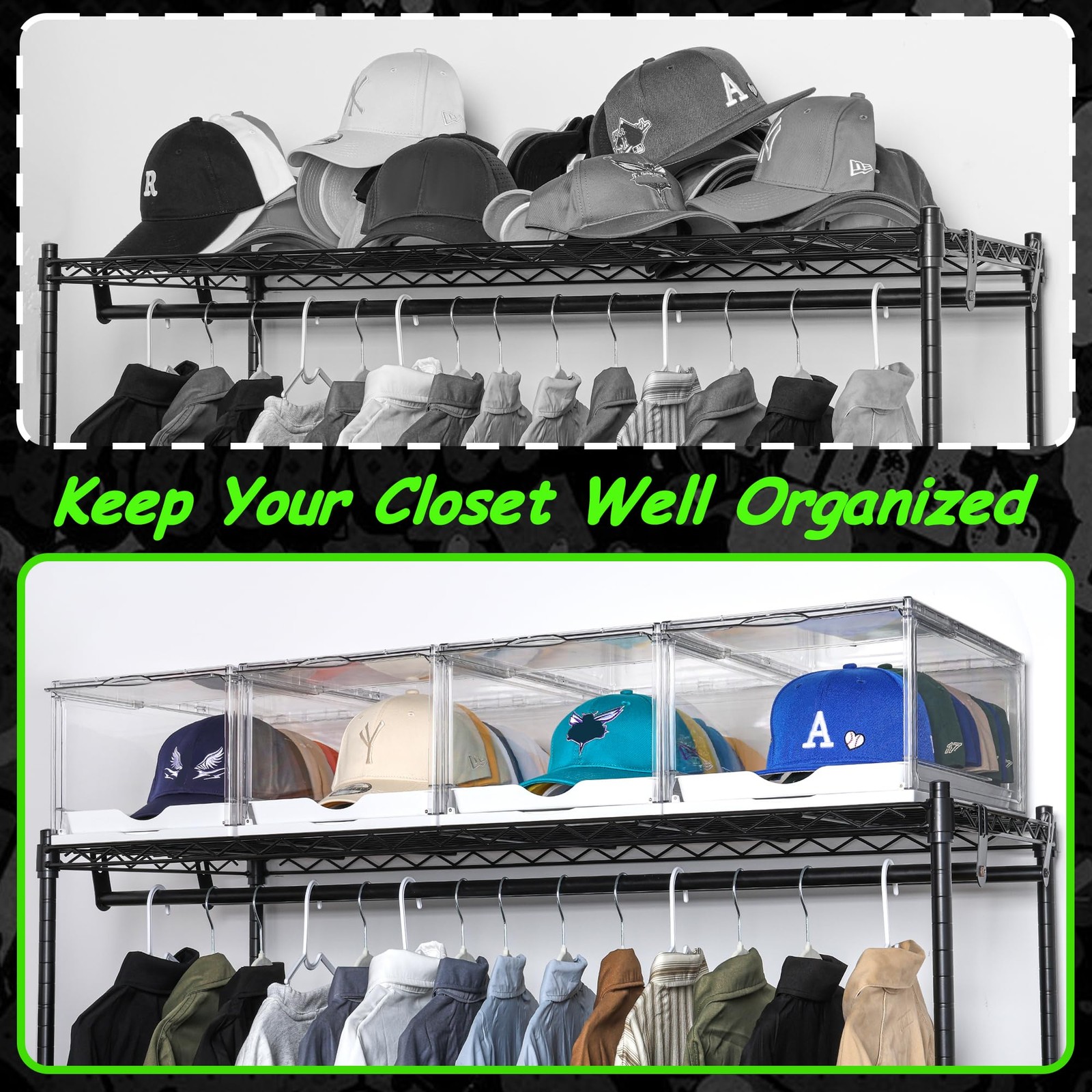 Vtopmart 2-Pack Hat Organizer Box for Baseball Caps, Clear Stackable Storage