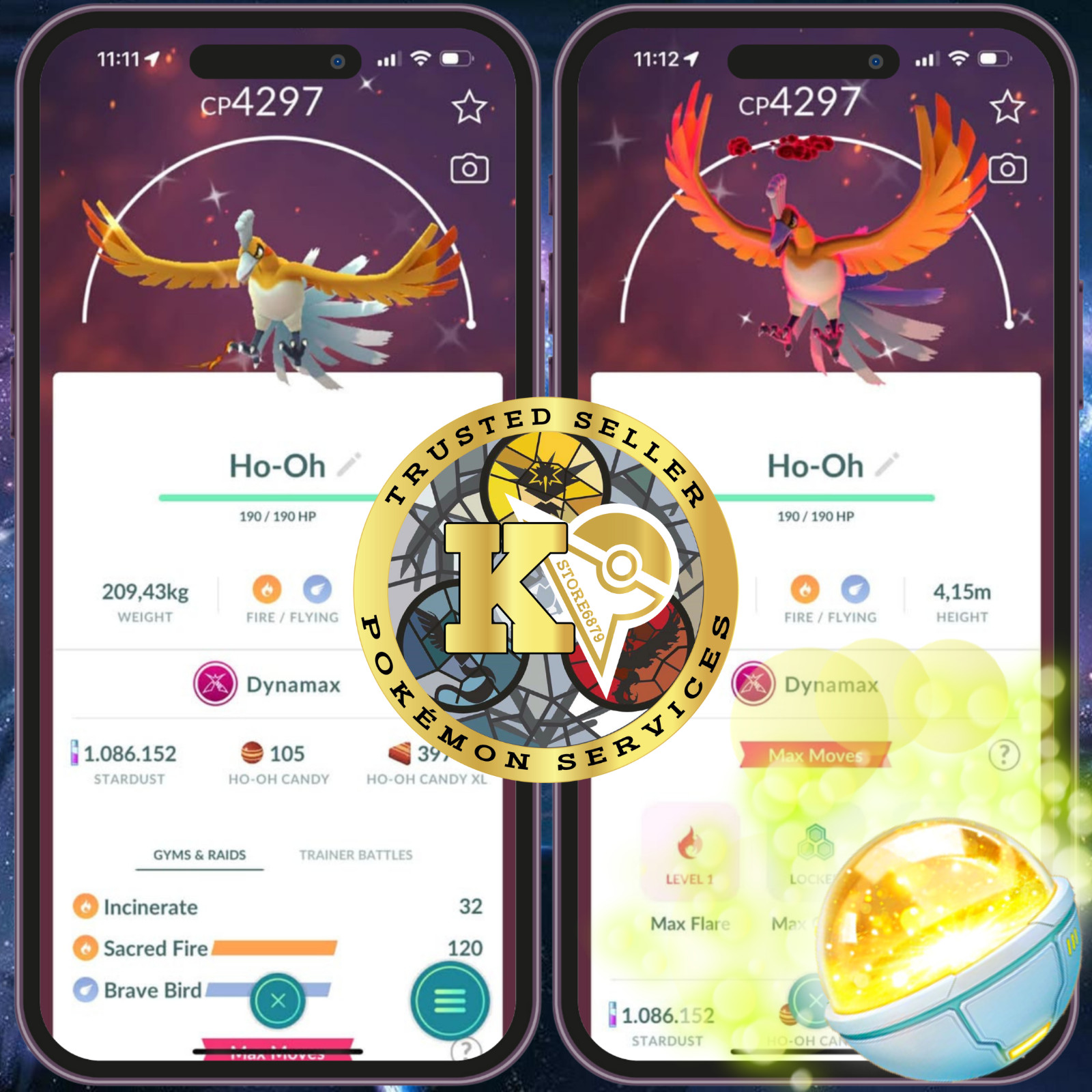 P.T.CentraI—TRADE— Shiny Dynamax Ho-Oh — Level 50—3Movesets Sacred Fire —Digital