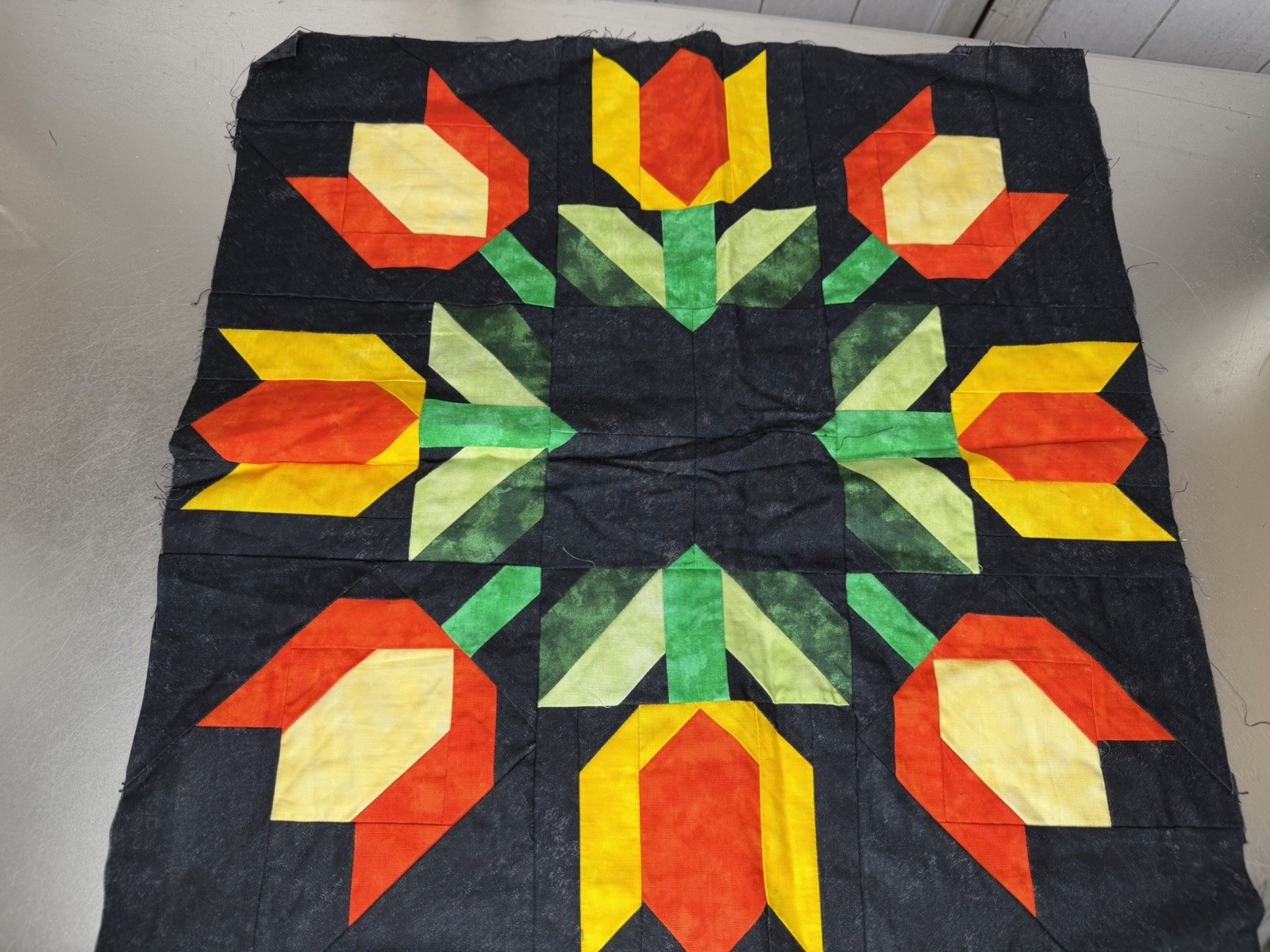 Pam Bono Quilt Square Tulip Flowers Pattern Orange Black Green 18in X 17.5