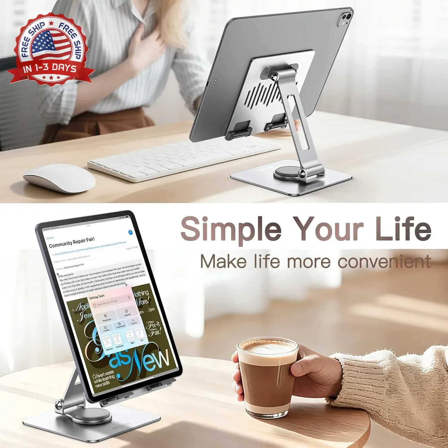 Tablet Stand, Adjustable Swivel Desktop Holder with 360 Degree Rotating B