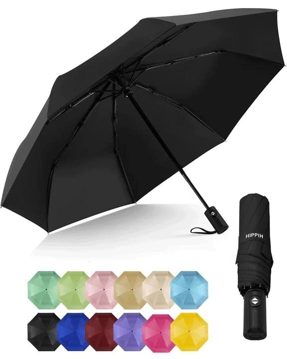 HIPPIH Compact Travel Umbrella - Black - Windproof Automatic UV Protection